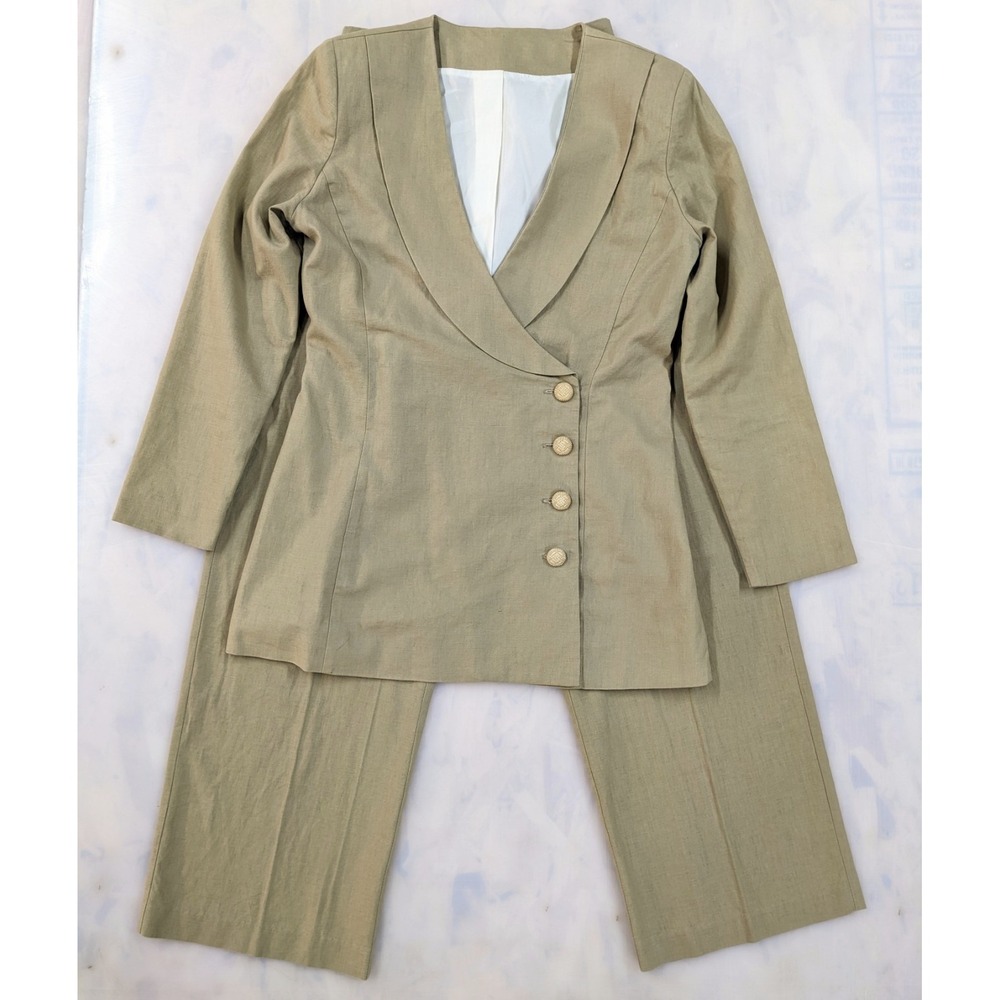 Vintage 90s Linen 2-Pc Pant Suit Set Sz 12 Khaki Wide Leg Shawl Collar Blazer